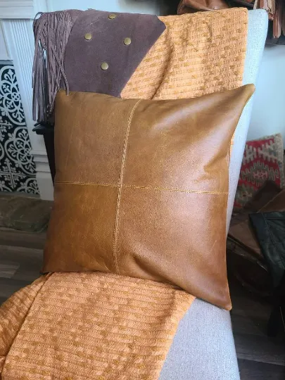 100% Leather Camel Brown Throw Pillow Cover - 18 x 18