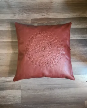 100% Leather Cognac Red Mandala Throw Pillow Cover - 18 x 18