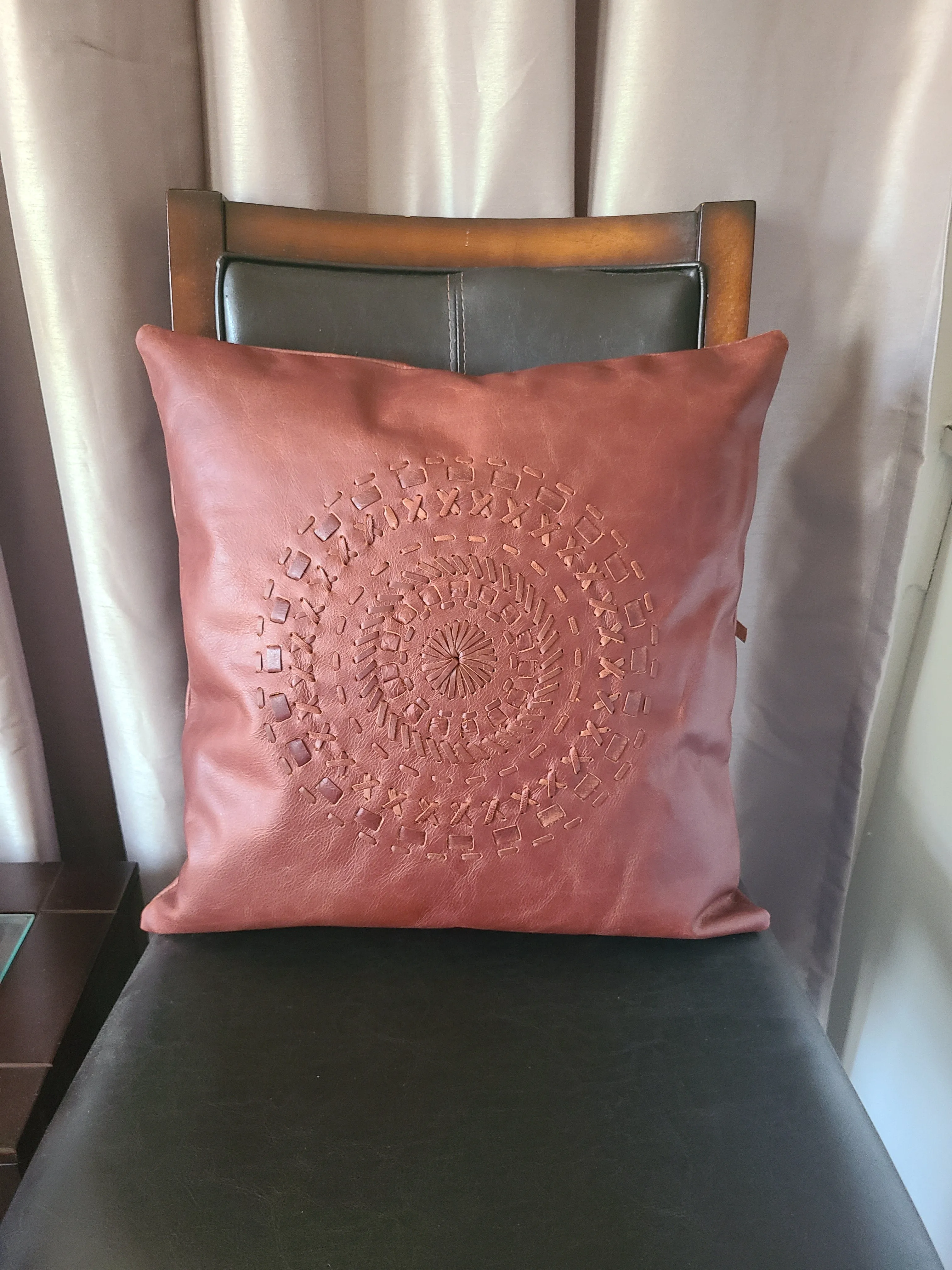 100% Leather Cognac Red Mandala Throw Pillow Cover - 18 x 18