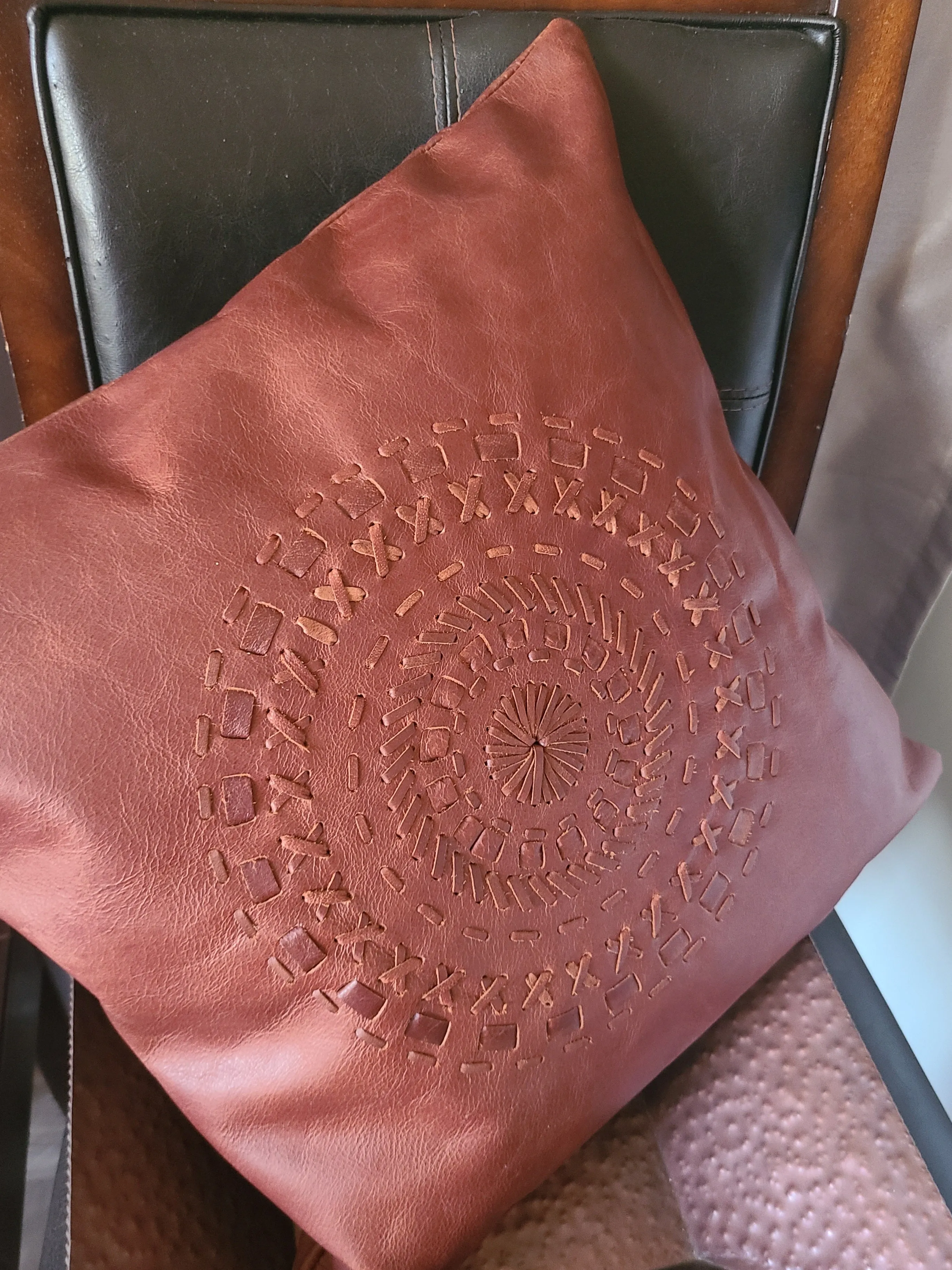 100% Leather Cognac Red Mandala Throw Pillow Cover - 18 x 18