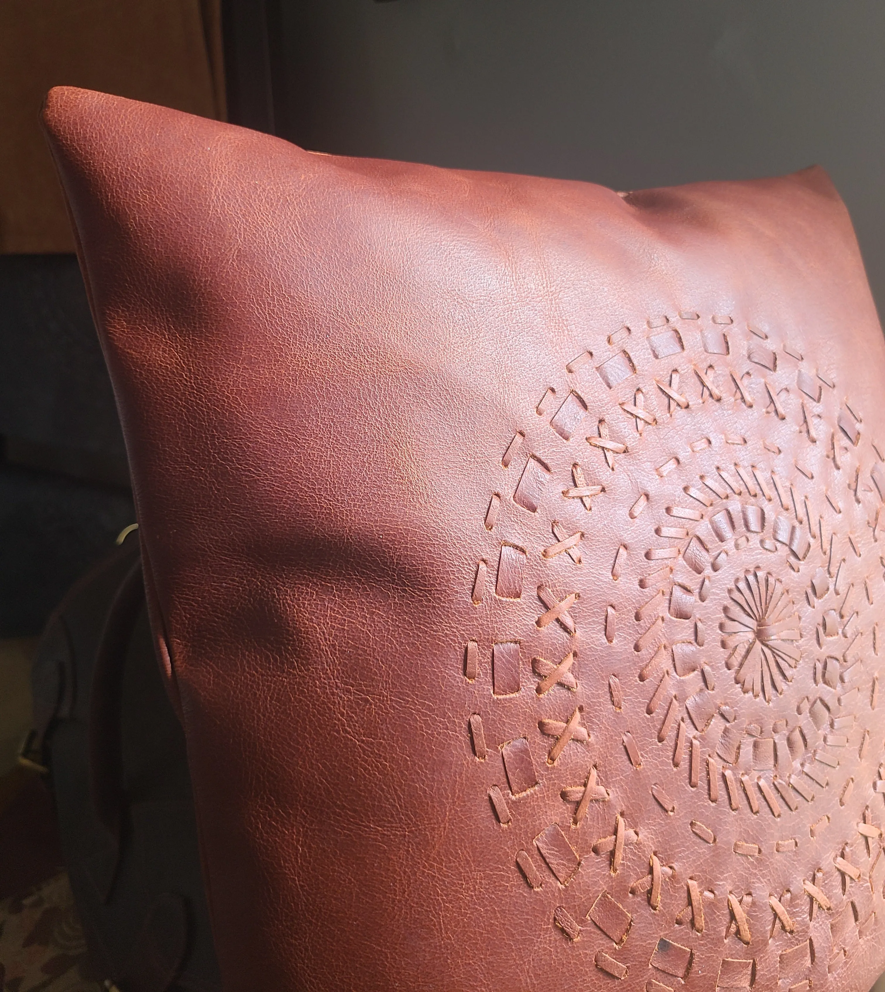 100% Leather Cognac Red Mandala Throw Pillow Cover - 18 x 18