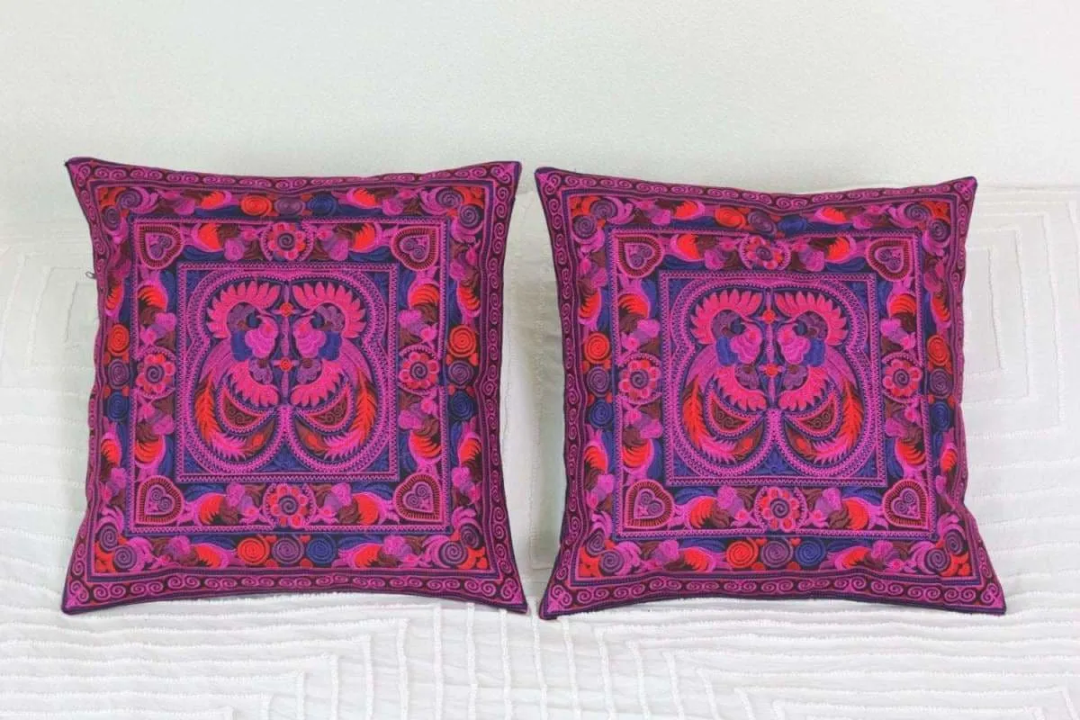 2 Hmong Thai Embroidered Hobo Boho Cushion Pillow Covers