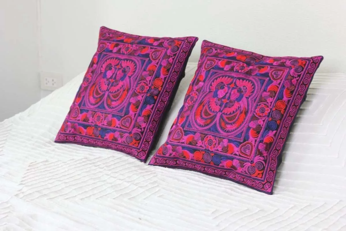 2 Hmong Thai Embroidered Hobo Boho Cushion Pillow Covers