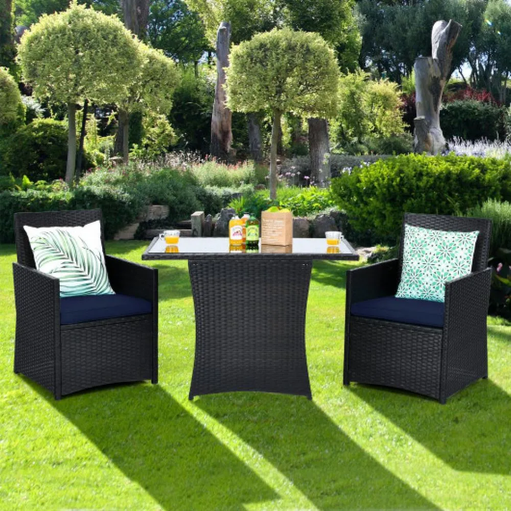 3 Pieces Patio Rattan Furniture Set with Cushion and Sofa Armrest-Turquoise