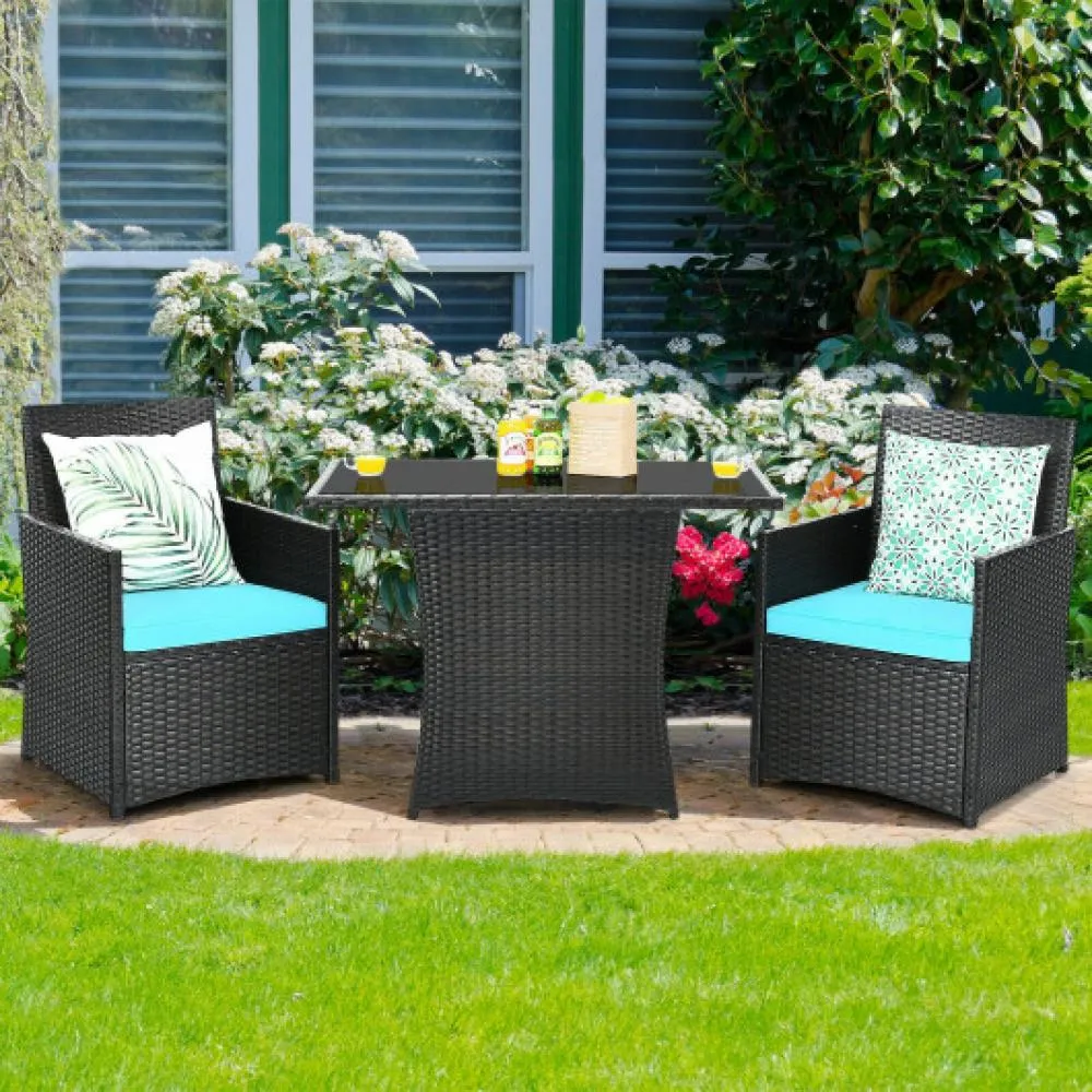 3 Pieces Patio Rattan Furniture Set with Cushion and Sofa Armrest-Turquoise