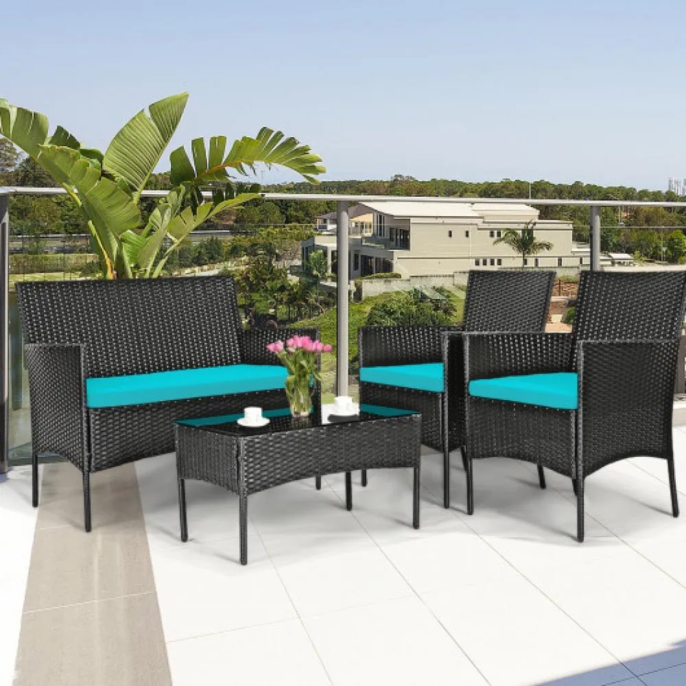 4 Pcs Patio Rattan Cushioned Sofa Furniture Set-White