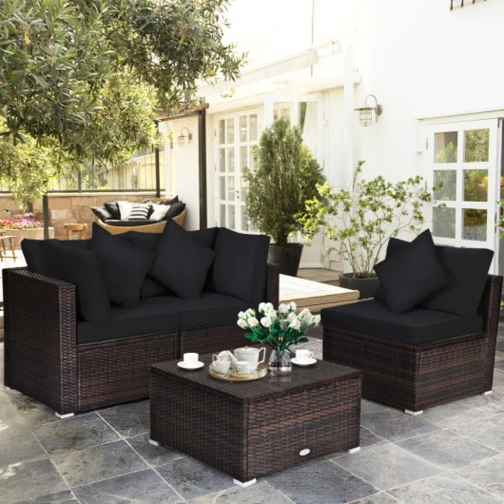 4 Pieces Ottoman Garden Patio Rattan Wicker Furniture Set with Cushion-Gray