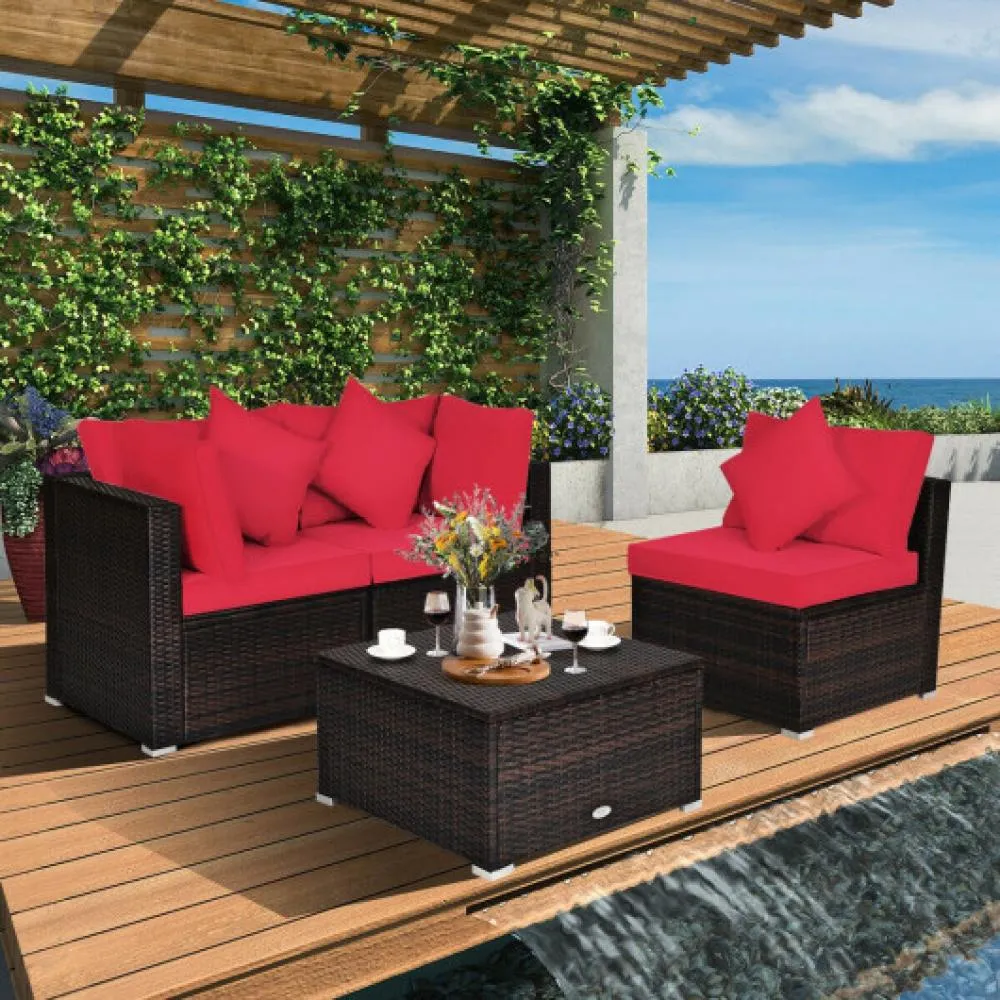 4 Pieces Ottoman Garden Patio Rattan Wicker Furniture Set with Cushion-Gray