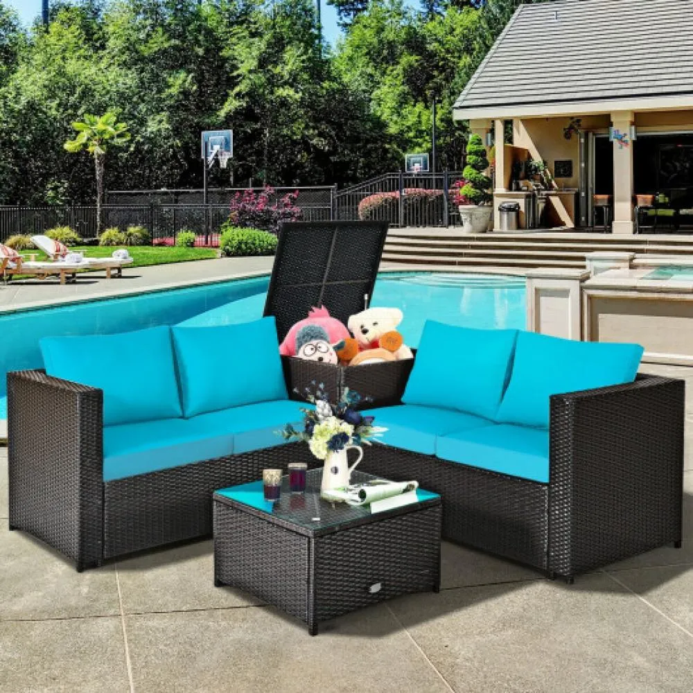 4 Pieces Outdoor Patio Rattan Furniture Set with Cushioned Loveseat and Storage Box-Navy