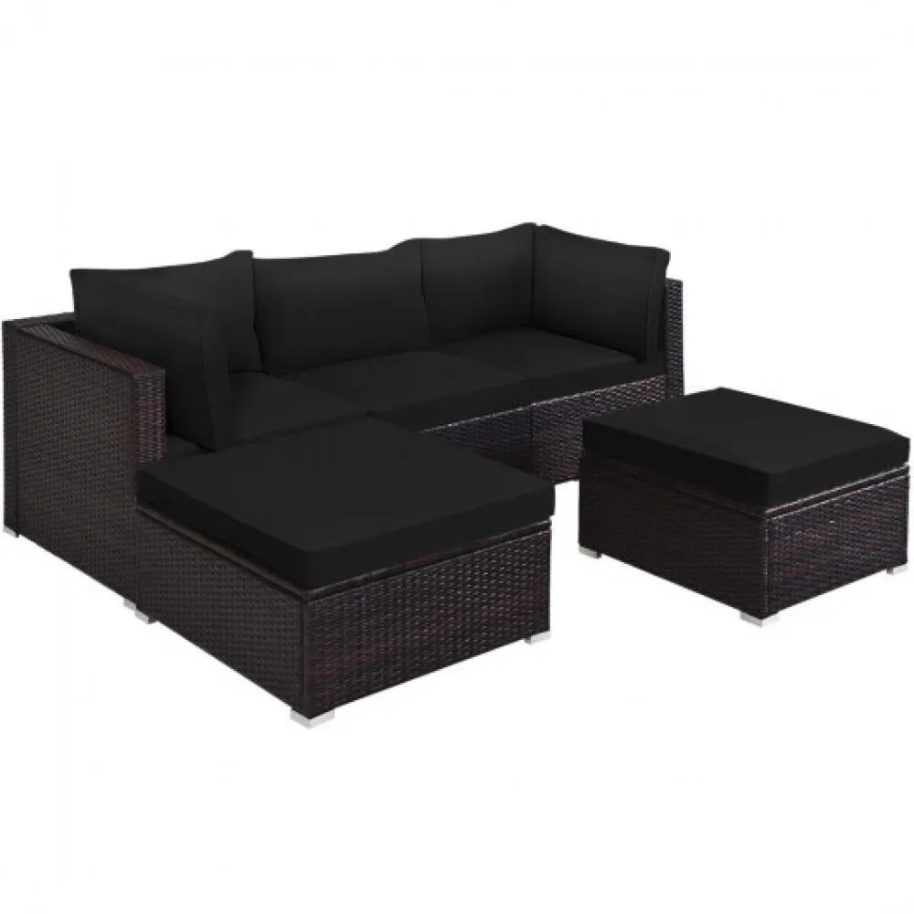 5 Pieces Patio Rattan Sectional Conversation Ottoman Furniture Set-Blue