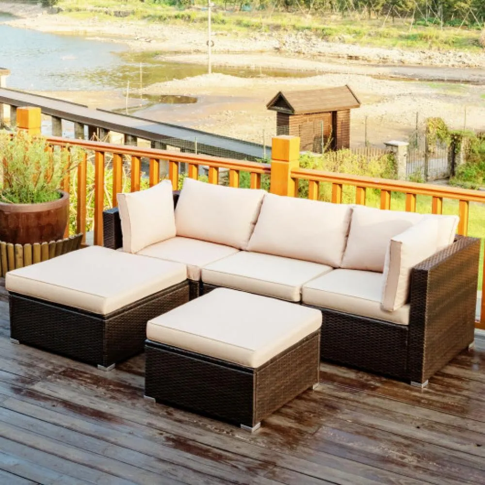 5 Pieces Patio Rattan Sectional Conversation Ottoman Furniture Set-Blue