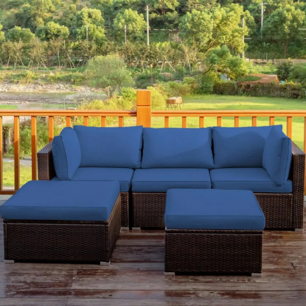 5 Pieces Patio Rattan Sectional Conversation Ottoman Furniture Set-Blue