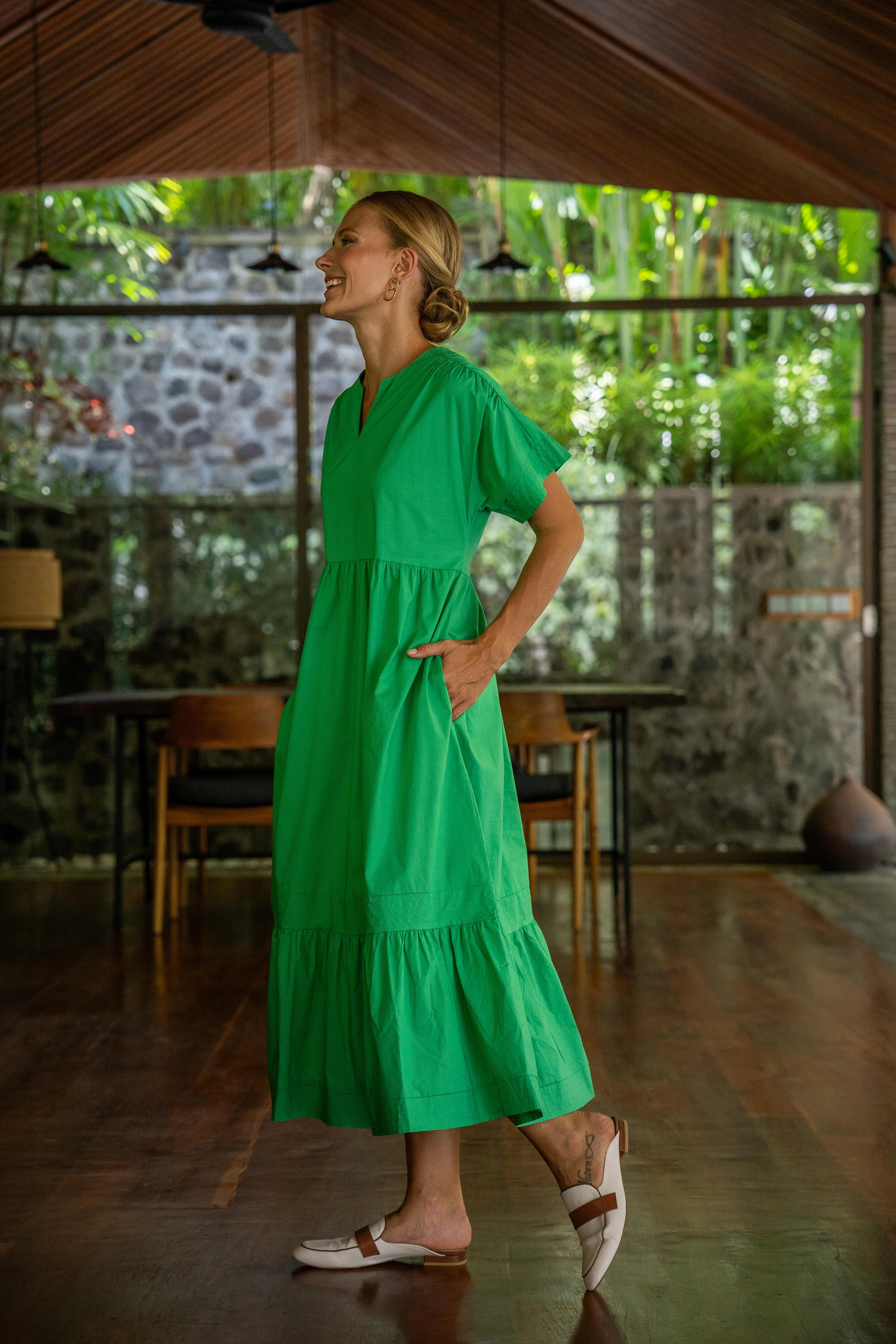 Ainsley Shift Dress in Green Poplin