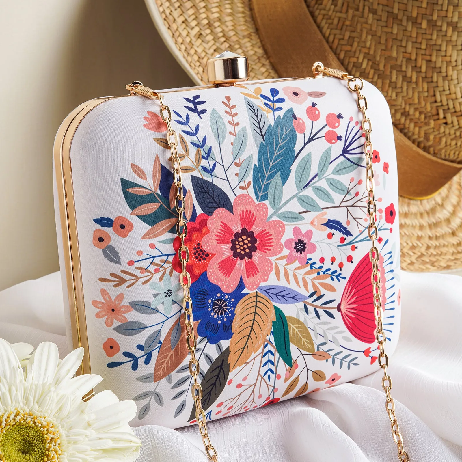 Blooming Bushes White Printed Clutches