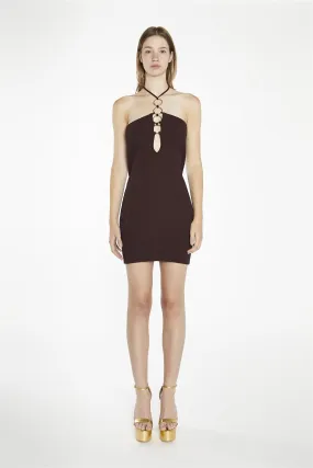 Chocolate-Brown Knitted Halterneck Mini-Dress