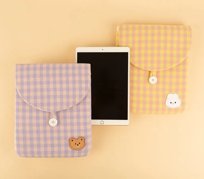 Cute Rabbit Bear Casual Checkered iPad Laptop Sleeves Cases Pouches Protective Covers Purses Handbags Square Cushion Designer School Collage Office Lightweight