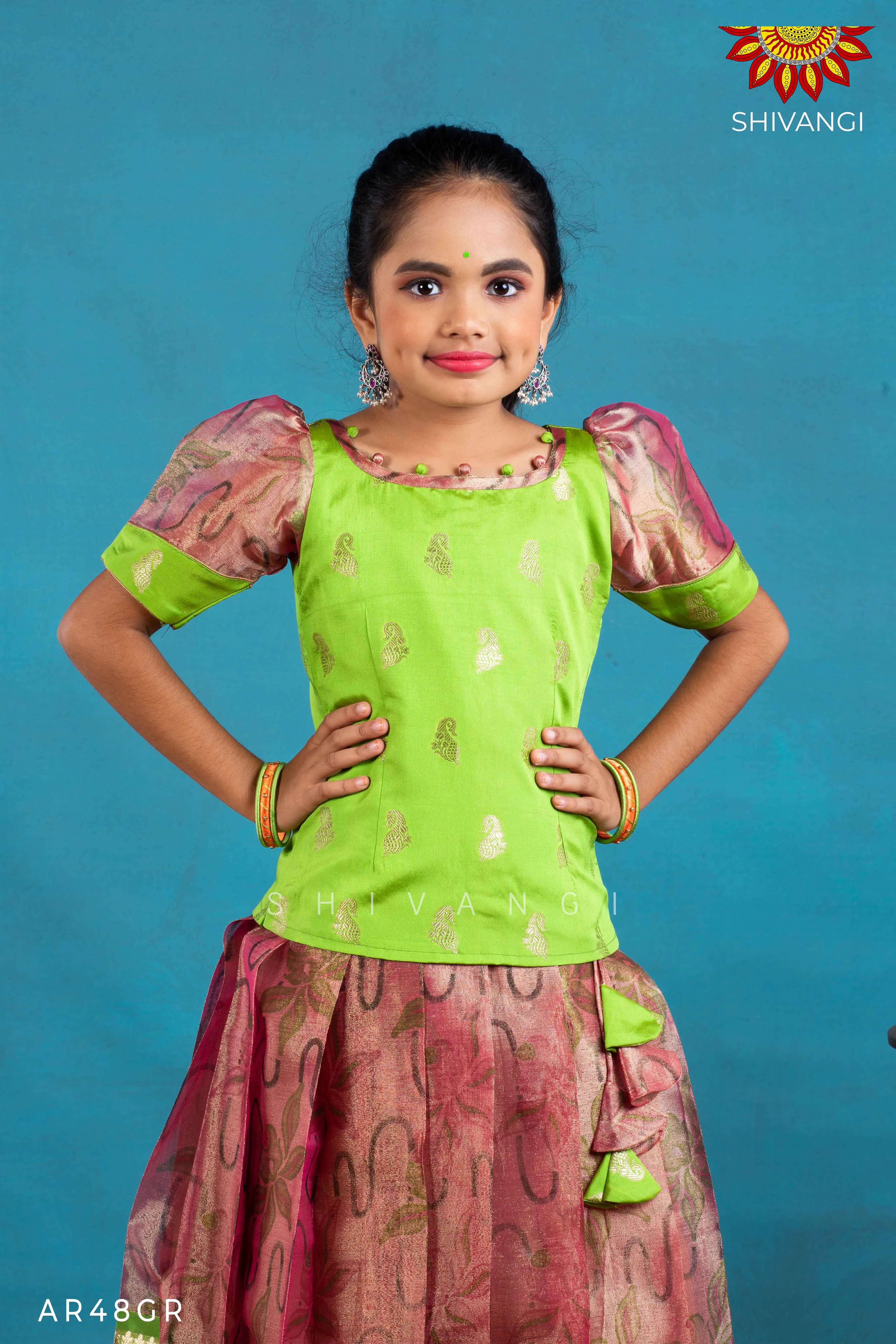 Girls Green Pink Lilly Pattu Pavadai