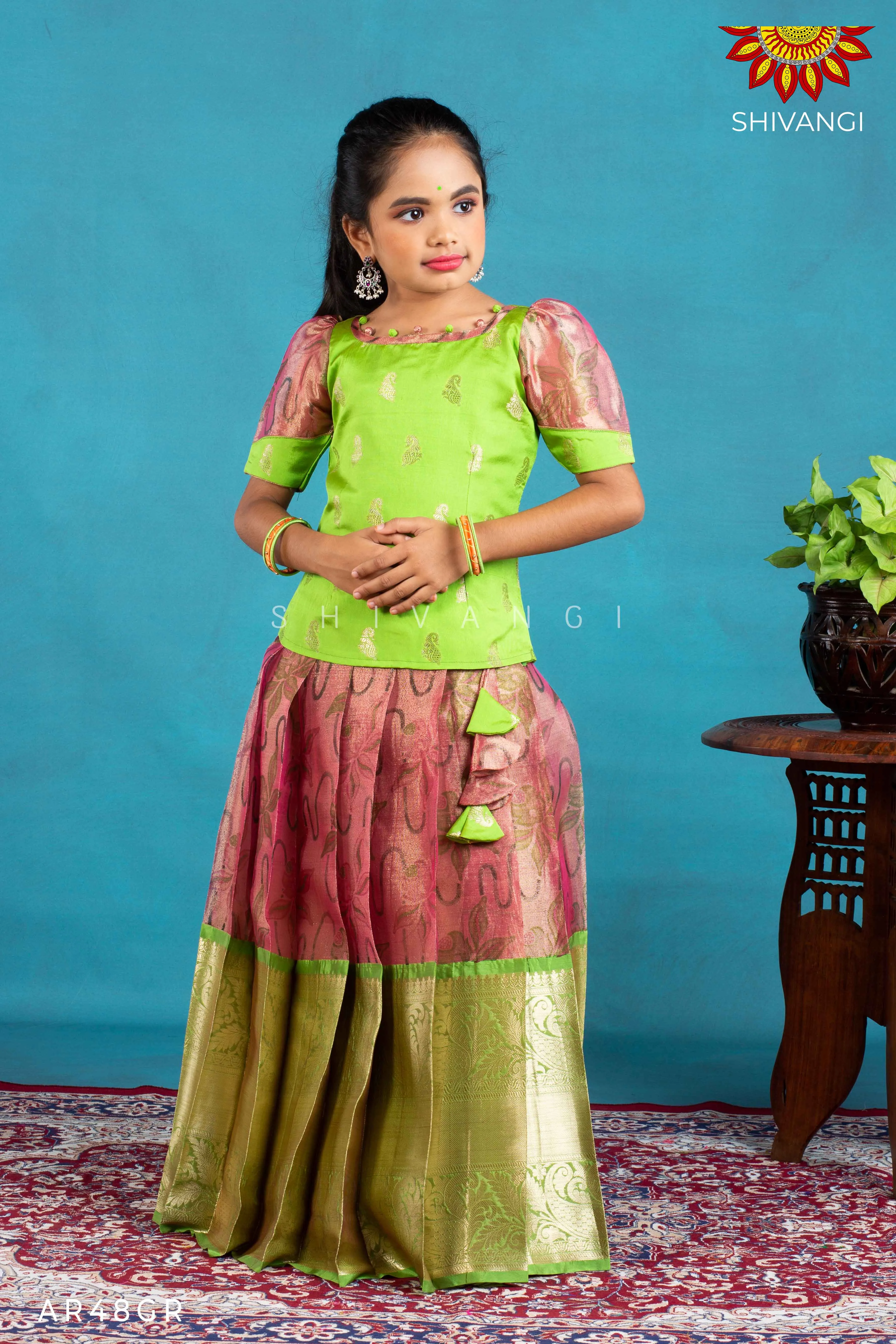 Girls Green Pink Lilly Pattu Pavadai