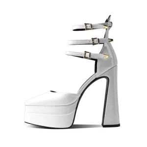 Glossy Pointed Toe Platform Block Heel Ankle Strap Pumps - White