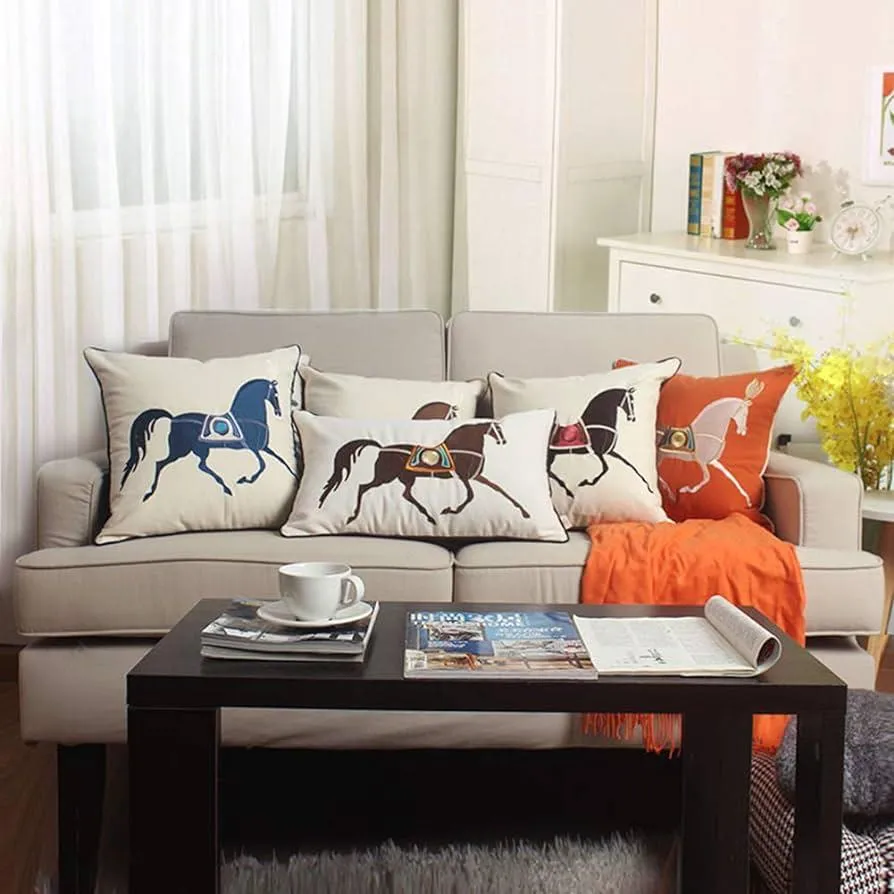 Horse Embroidery Cotton Decorative Throw Pillow Covers 45x45 cm