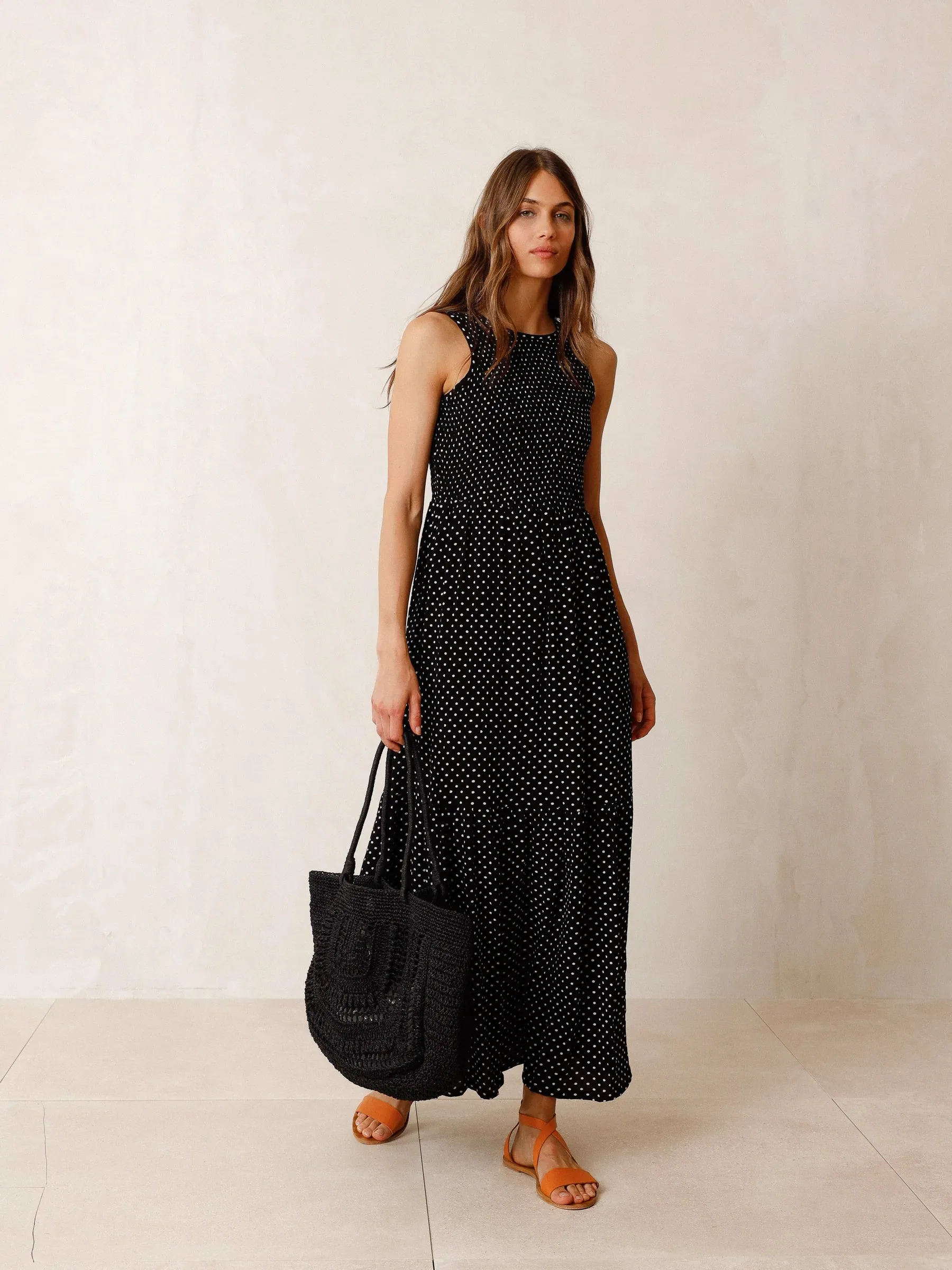 Indi & Cold Polka Dot Smock Maxi Dress | Black