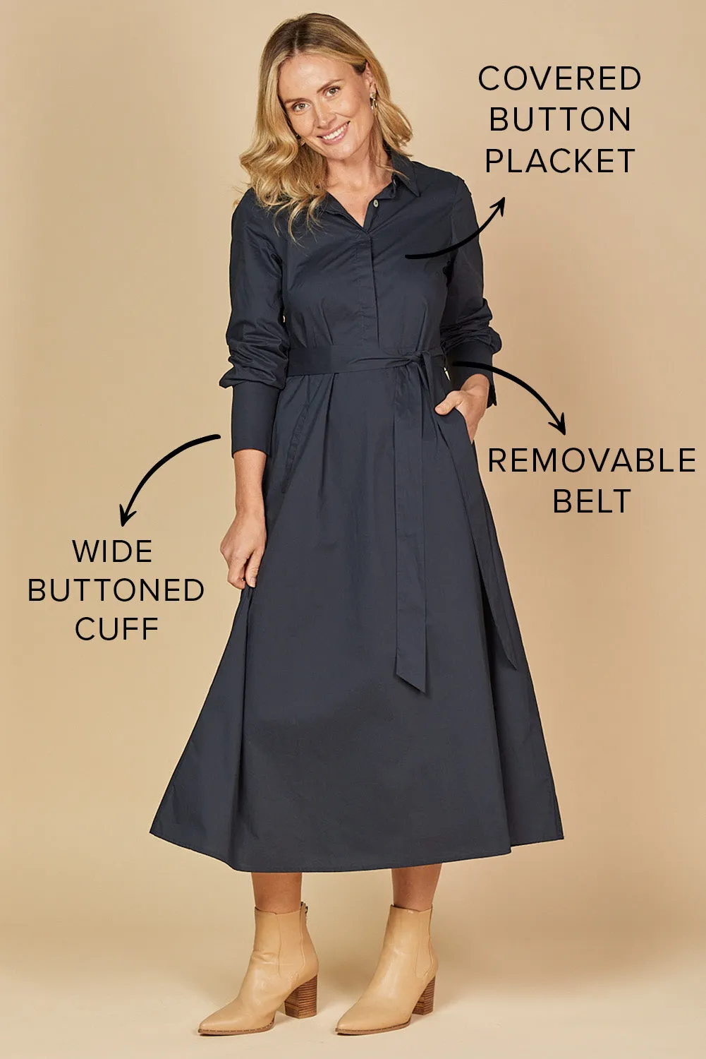 Kelly Poplin Dress in Navy