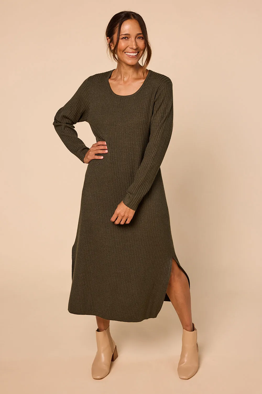 Knitted Straight Dress in Khaki