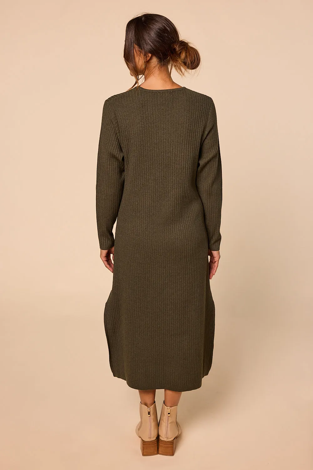 Knitted Straight Dress in Khaki