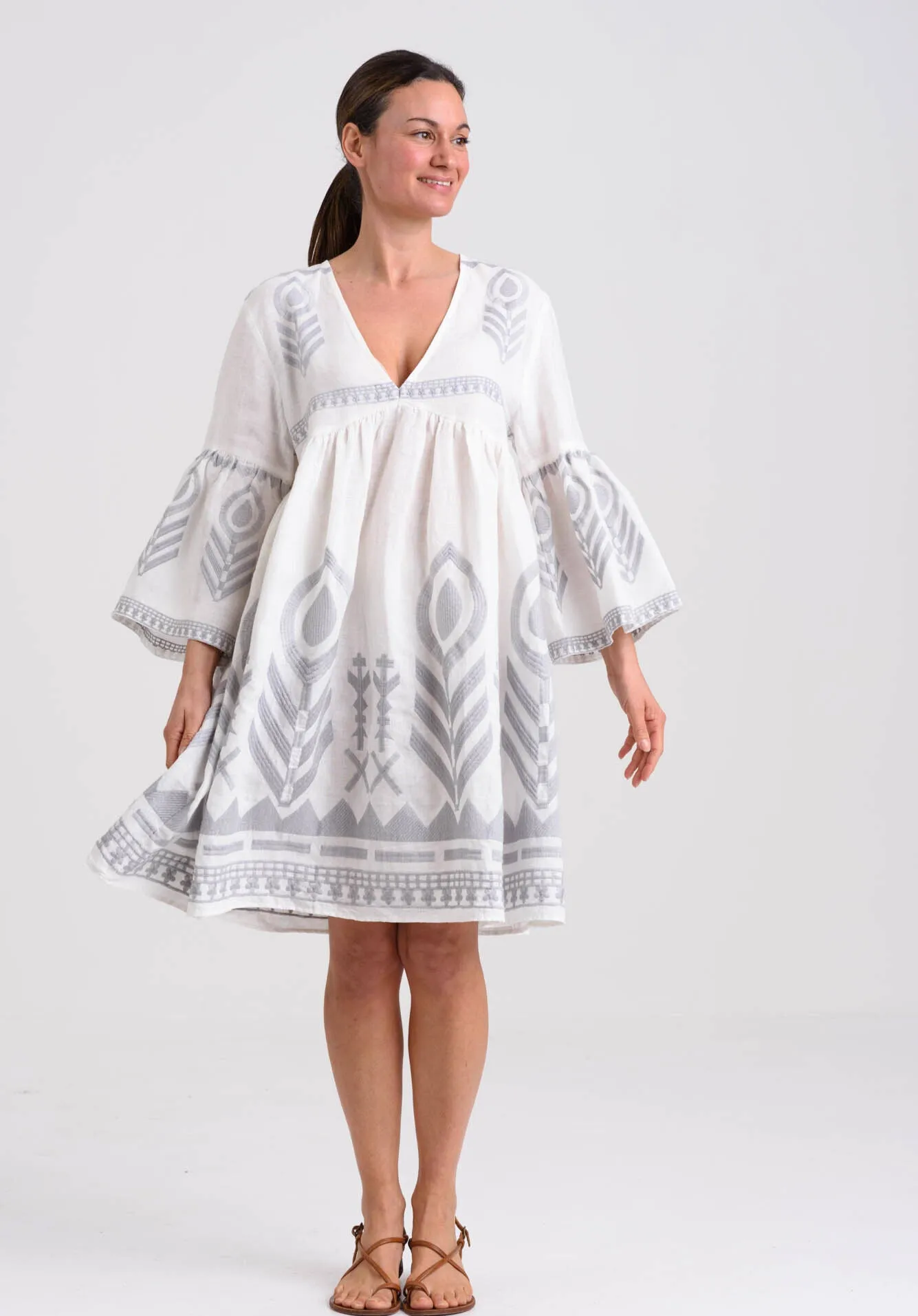 Kori Short White & Grey Feather Embroidered Dress