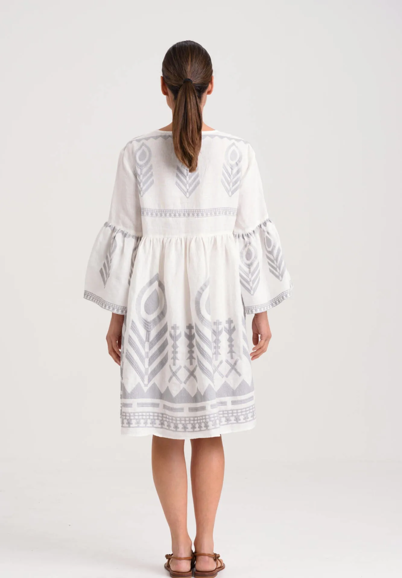 Kori Short White & Grey Feather Embroidered Dress