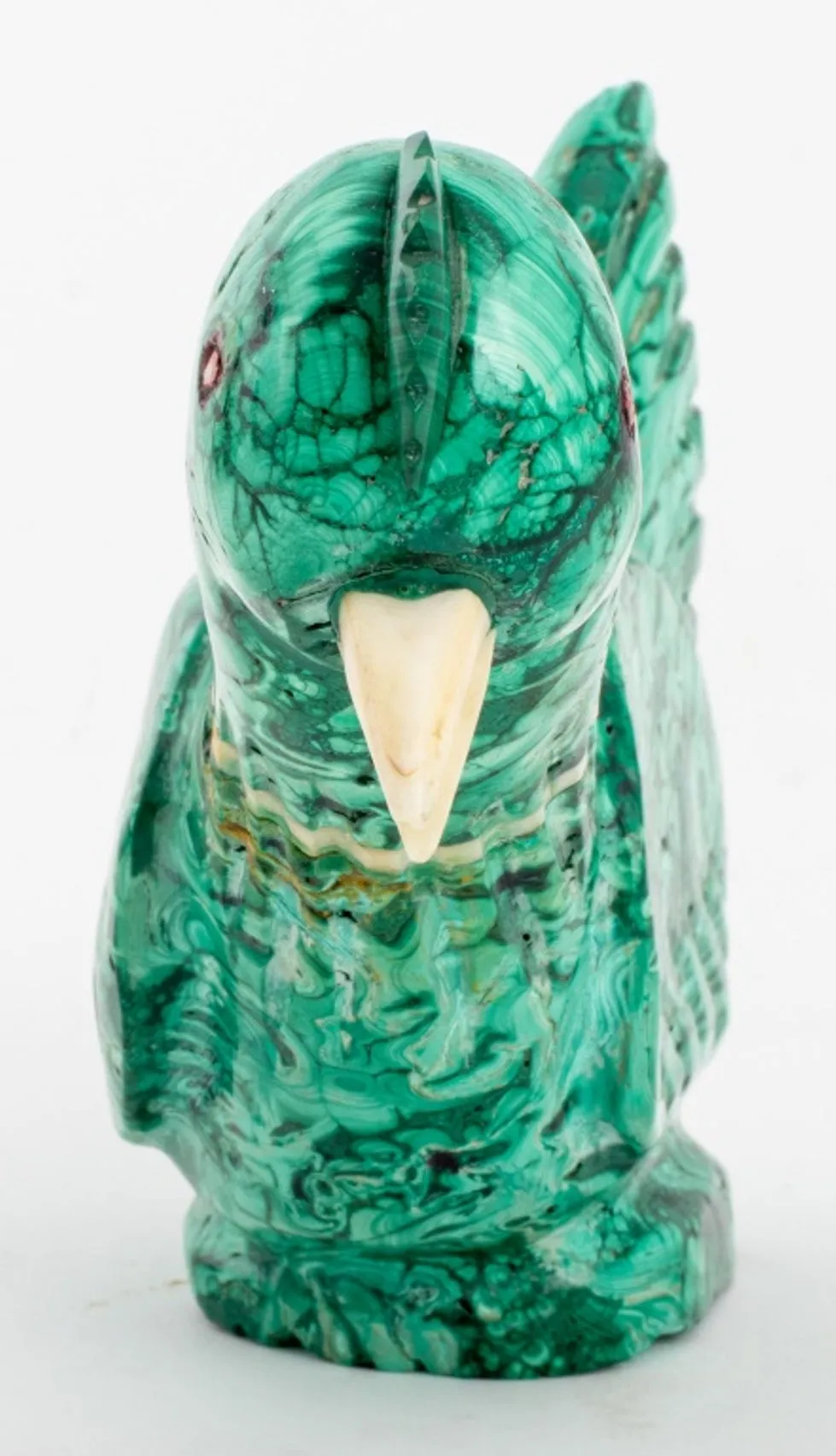 Malachite Bird Sculpture with Inset Quartz & Bone