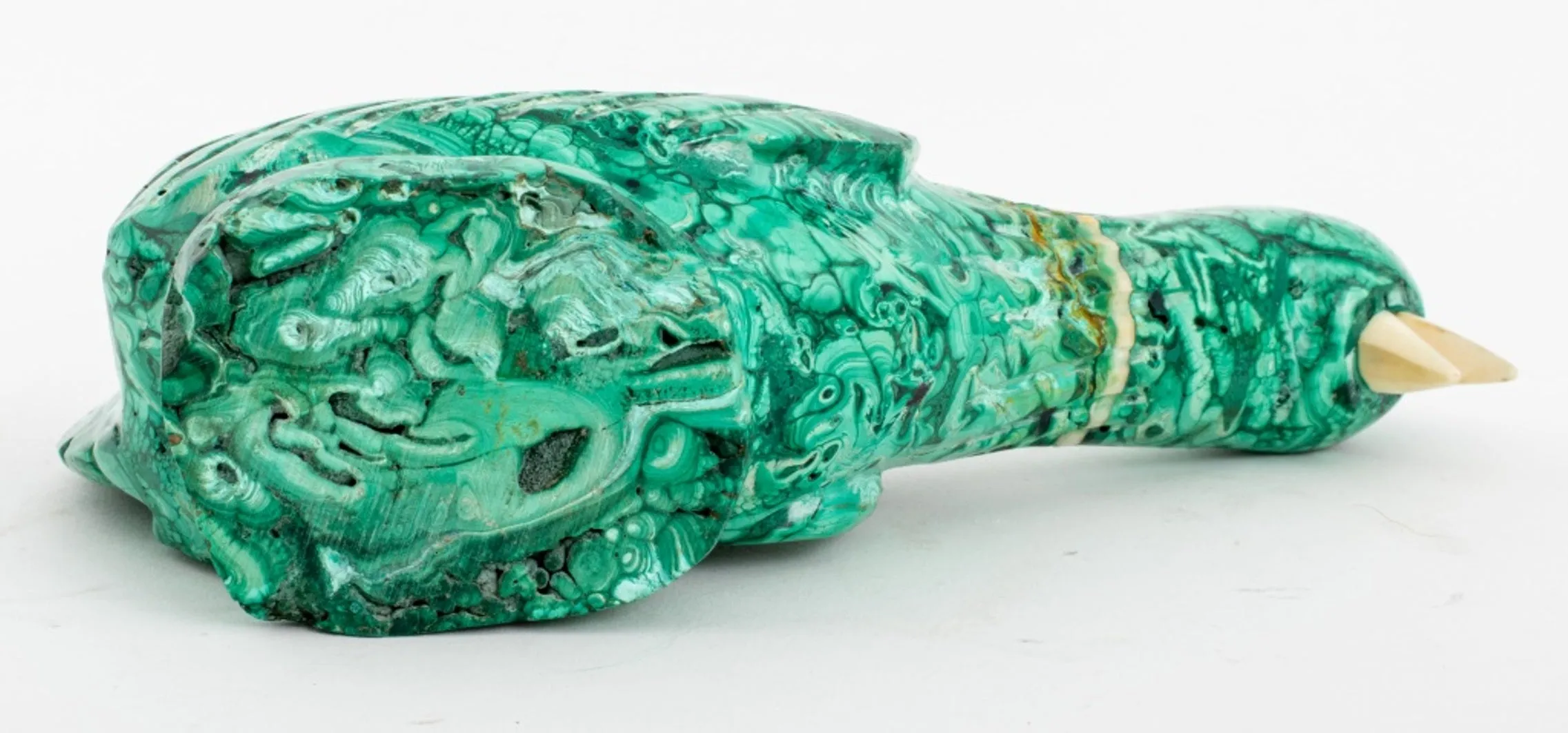 Malachite Bird Sculpture with Inset Quartz & Bone