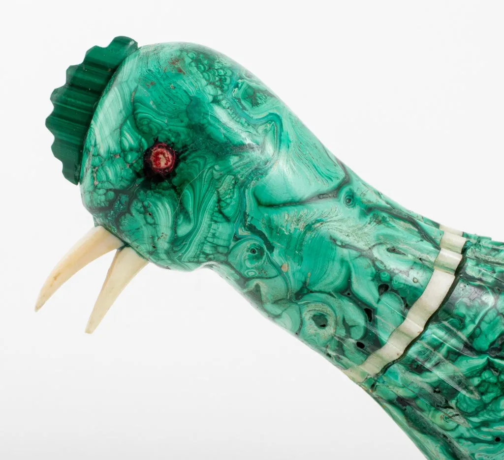 Malachite Bird Sculpture with Inset Quartz & Bone