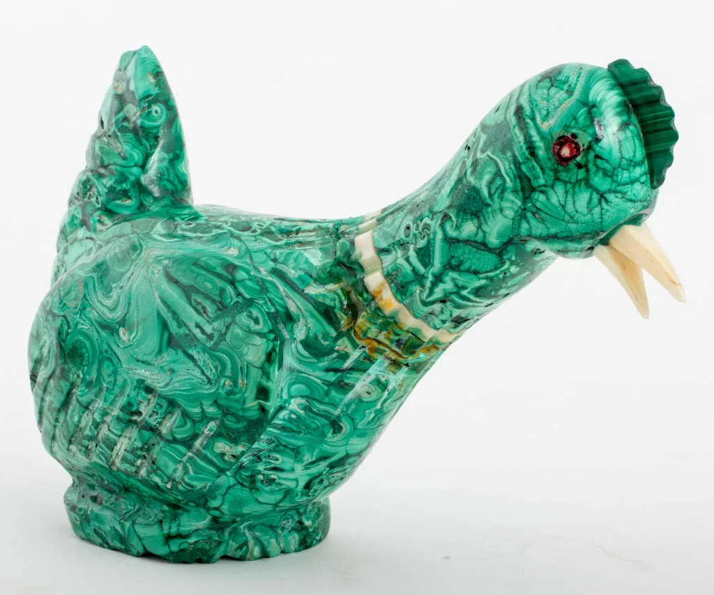 Malachite Bird Sculpture with Inset Quartz & Bone