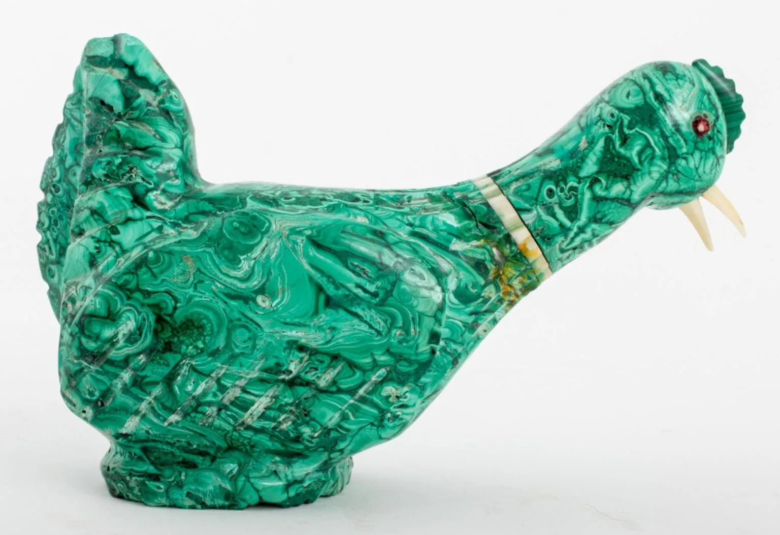 Malachite Bird Sculpture with Inset Quartz & Bone