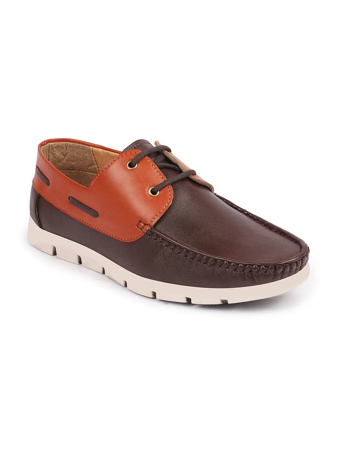 Men Brown Side Lace Stitched Design Lace Up Boat Shoes