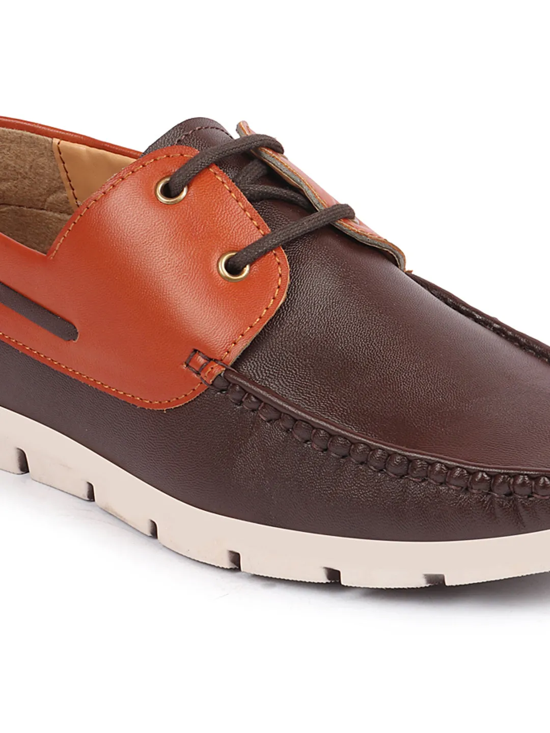 Men Brown Side Lace Stitched Design Lace Up Boat Shoes