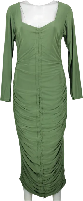 Missguided Green Khaki Long Sleeve Slinky Ruched Midi Dress UK 16