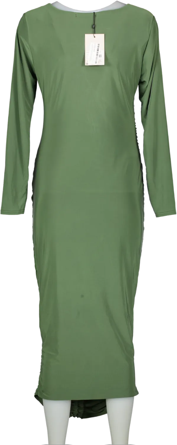 Missguided Green Khaki Long Sleeve Slinky Ruched Midi Dress UK 16