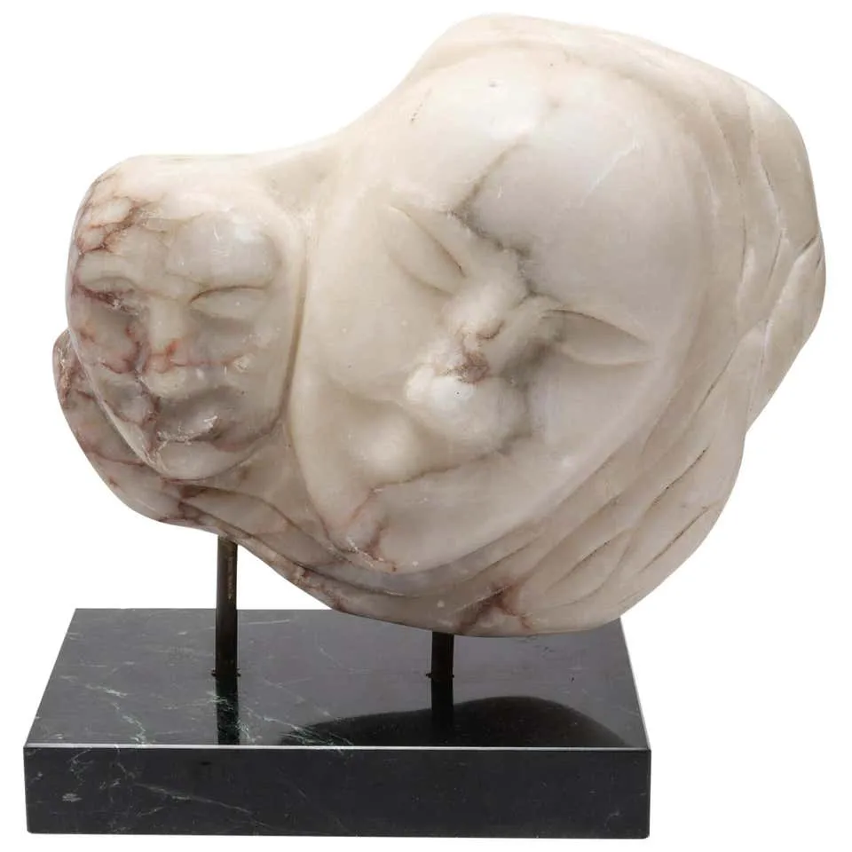 Modern "Mother & Child" White Marble Sculpture