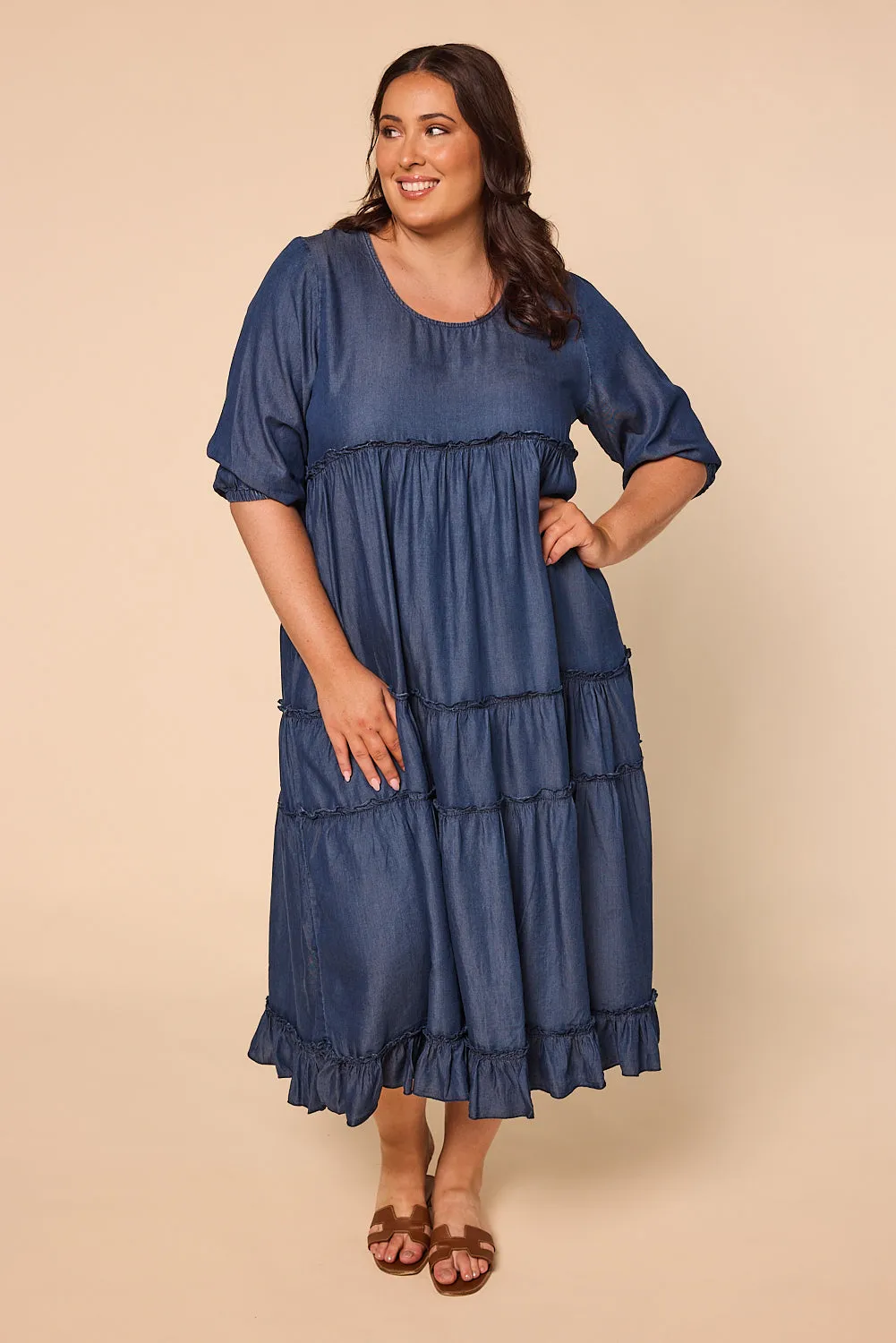 Sabre Frill 3/4 Sleeve Maxi Tencel Dress in Mid Wash