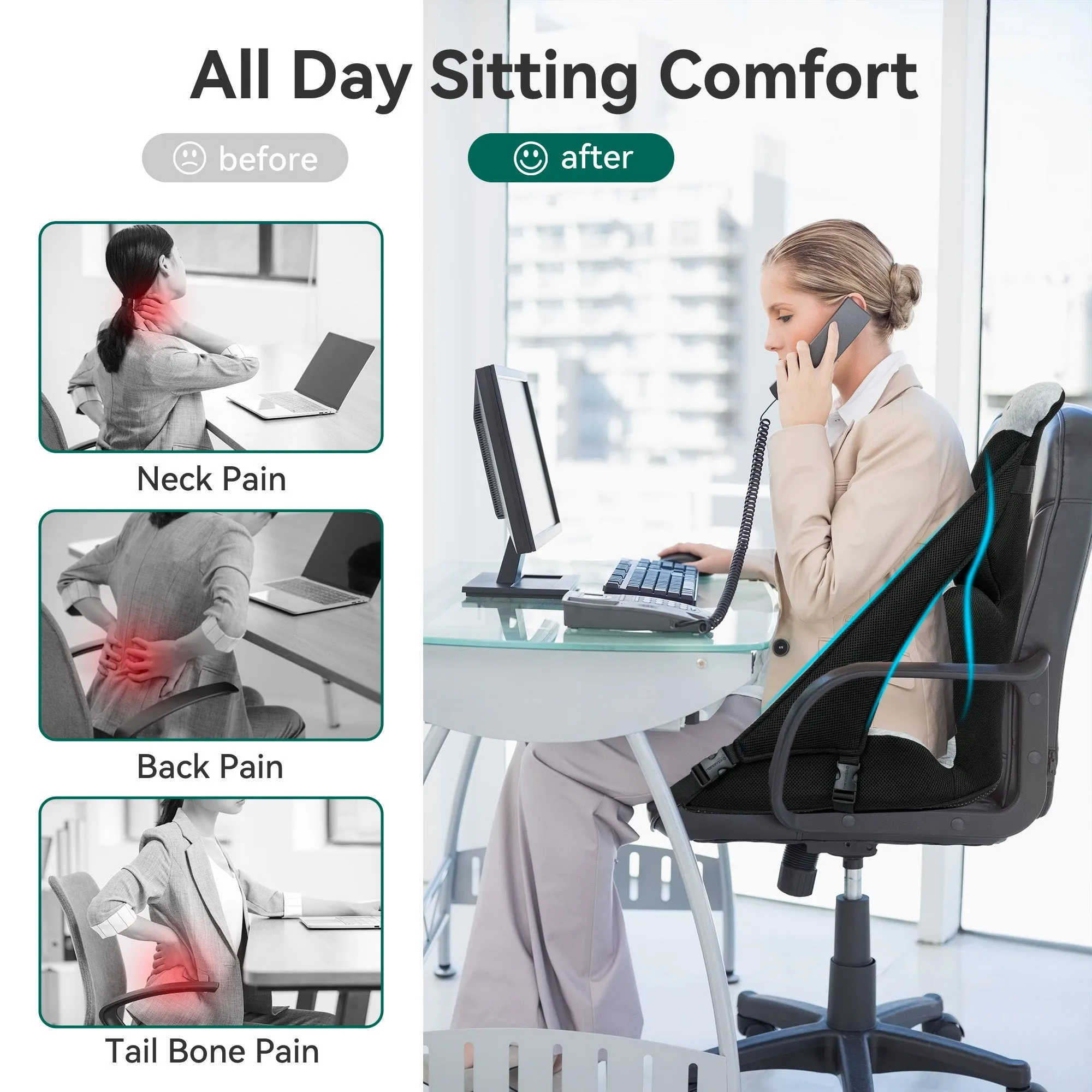 Snailax Memory Foam Office Chair Cushion with Lumbar Support Pillow to Improve Posture, Sciatica, Hip & Back Coccyx Tailbone Pain Relief - SL-230