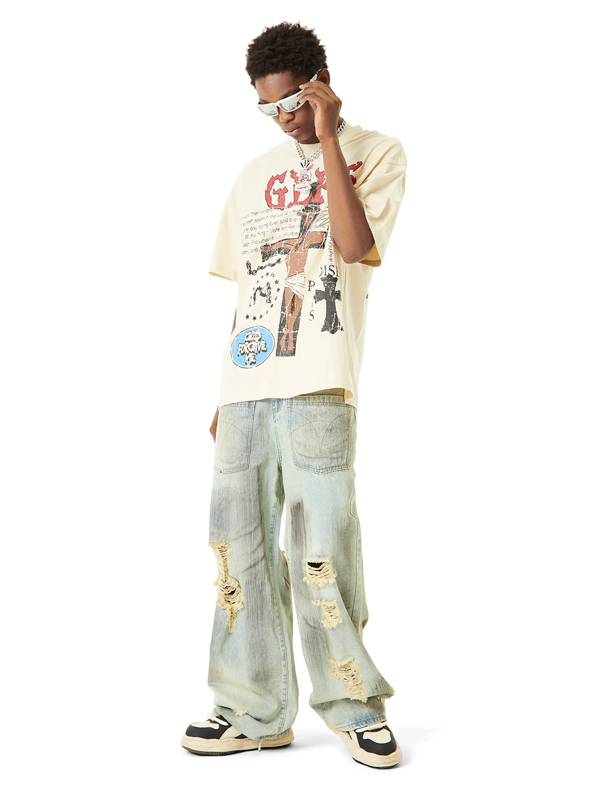 Thesupermade Retro Washed Reverse Design Hip-Hop Jeans