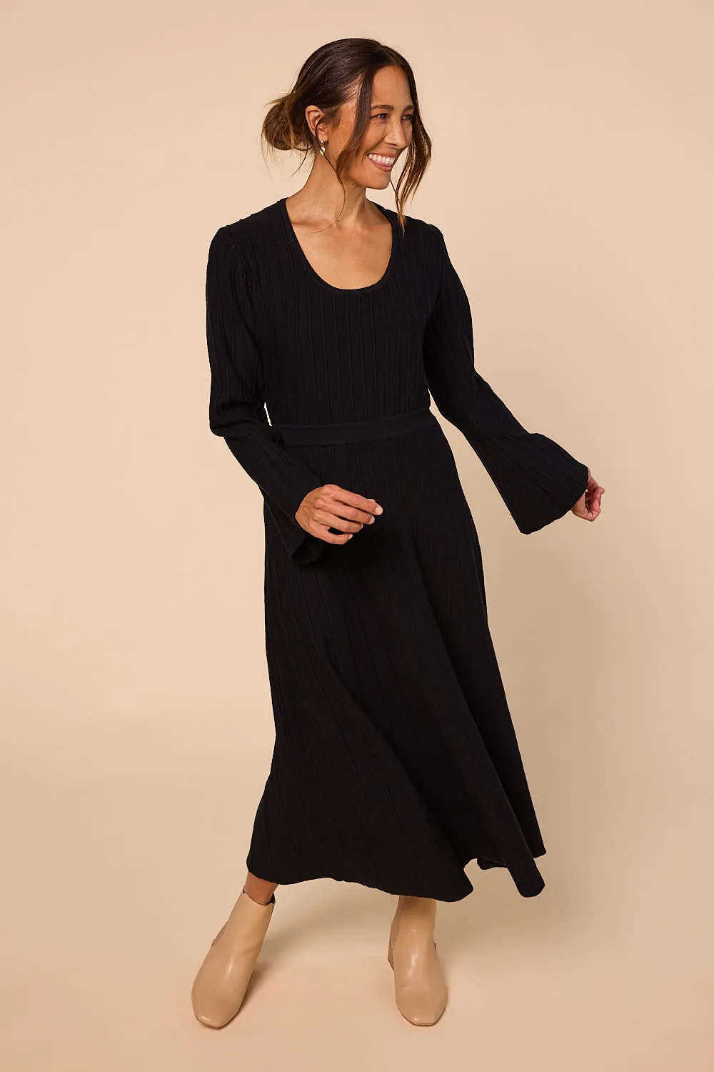 Waisted Knitted Dress in Black