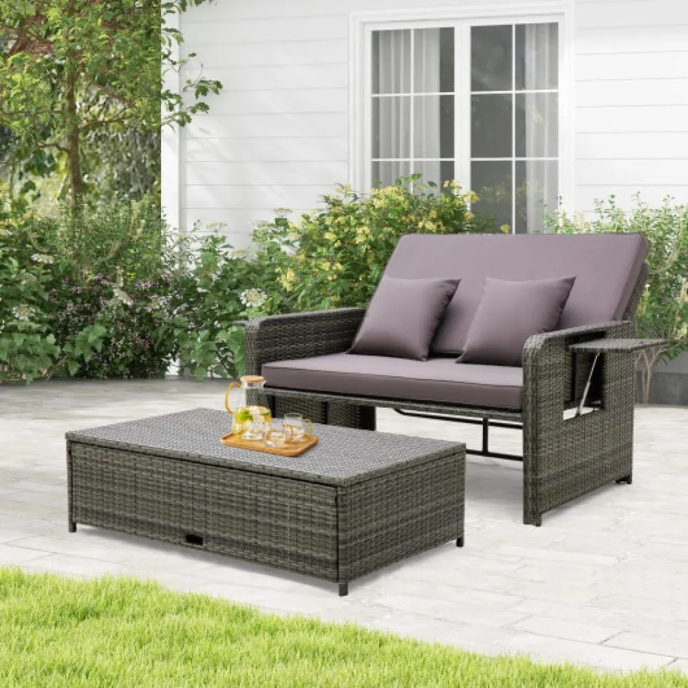 Wicker Loveseat Sofa with Multipurpose Ottoman and Retractable Side Tray-Gray