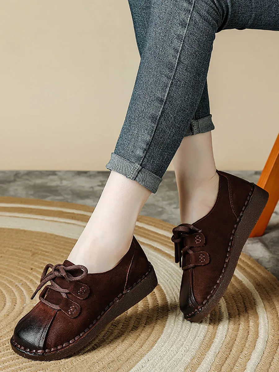 Women Autumn Retro Strap Leather Spliced Flat Shoes