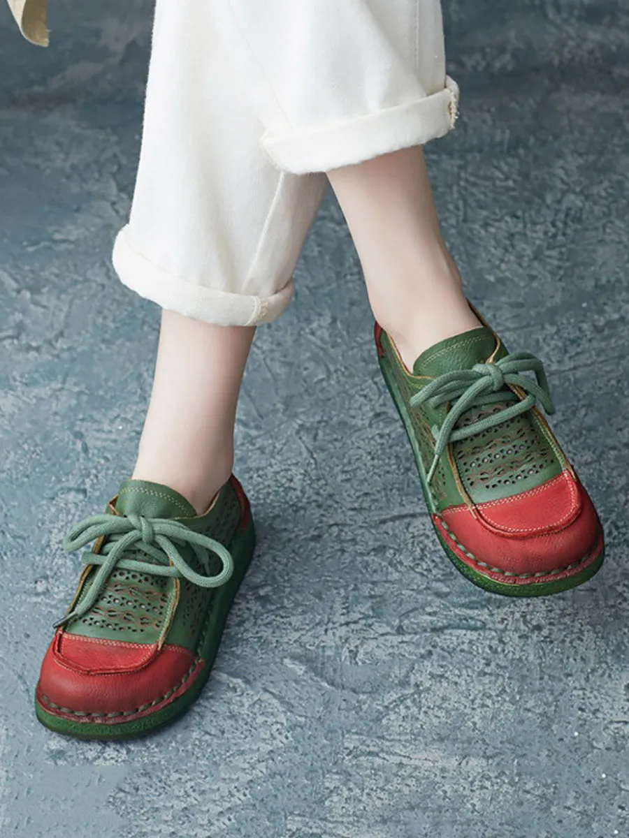 Women Summer Casual Colorblock Leather Flat Shoes